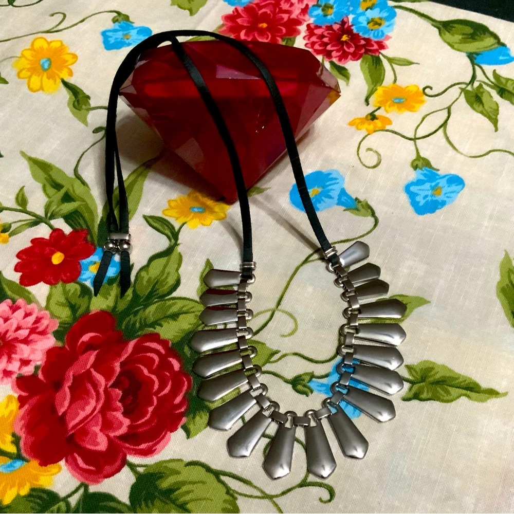 Urban Warrior Leather Tie Hematite Spike Necklace.